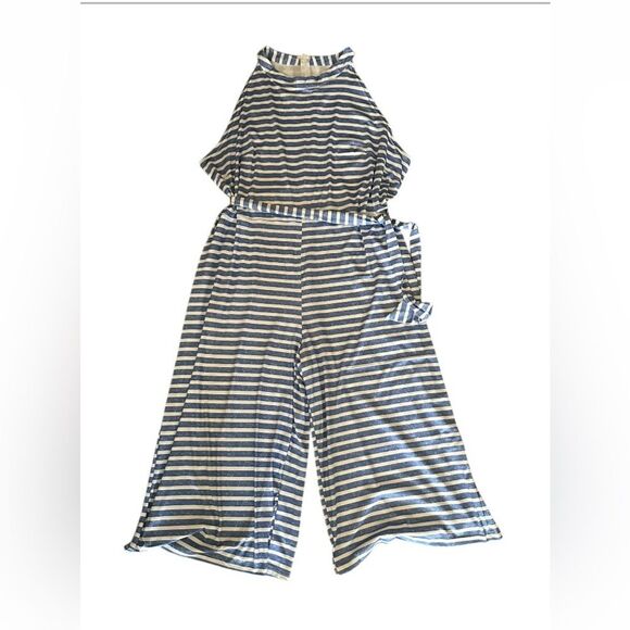 Women's Striped Sleeveless Halter Top Jumpsuit with Belt - Size 4X. Blue/White - Picture 2 of 9